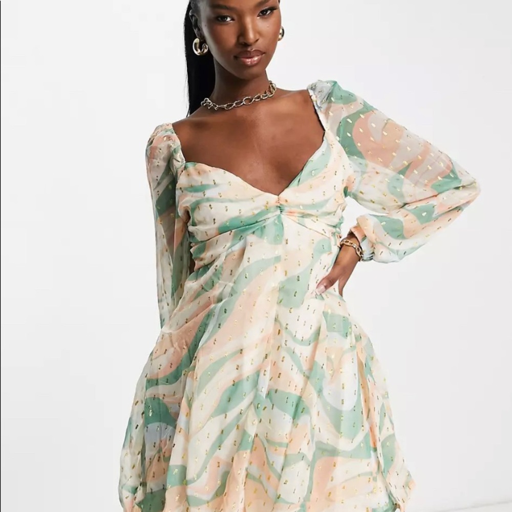 ASOS metallic textured godet mini skater dress with strappy back in swirly print - Picture 5 of 5